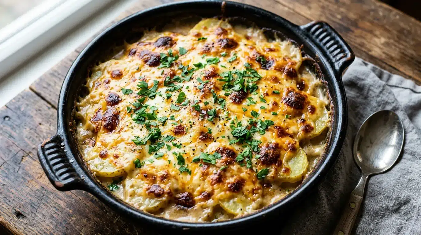 Gratin potatoes with a browned cheese crust and fresh parsley garnish in a black baking dish on a rustic wooden surface