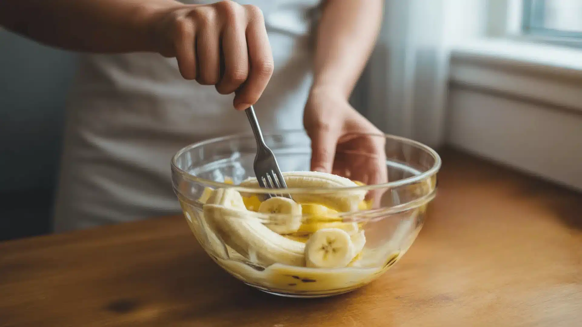 Hands mashing ripe bananas in a glass bowl with a fork on a wooden kitchen counter