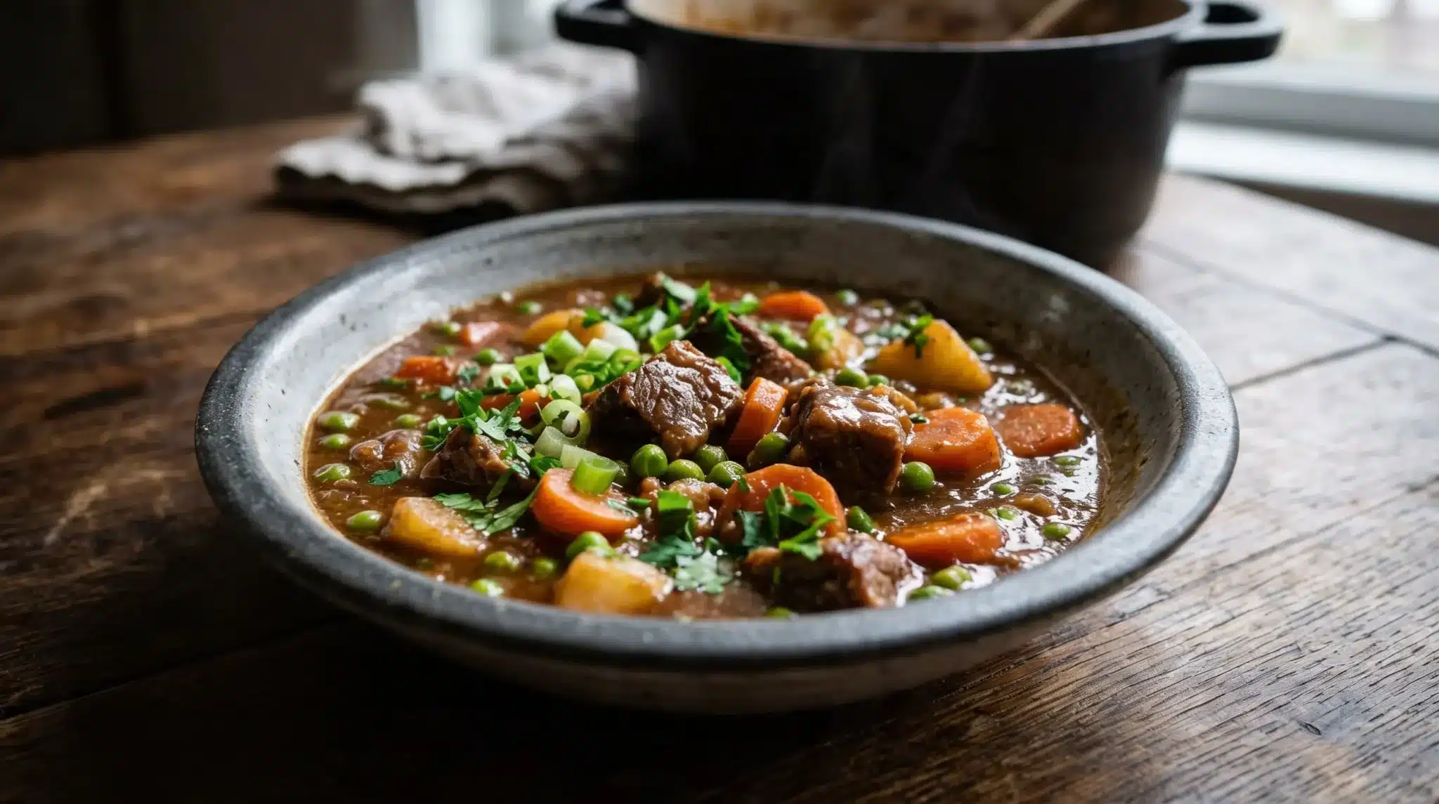 Hearty beef stew with carrots, peas, and potatoes, garnished with green onions, served in a rustic bowl on a dark wooden table with a Dutch oven blurred in the background