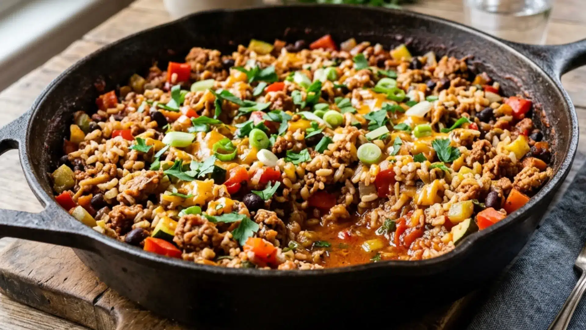 Hearty ground meat and brown rice skillet meal with black beans, diced vegetables, melted cheese, and fresh cilantro garnish in a black cast iron pan.