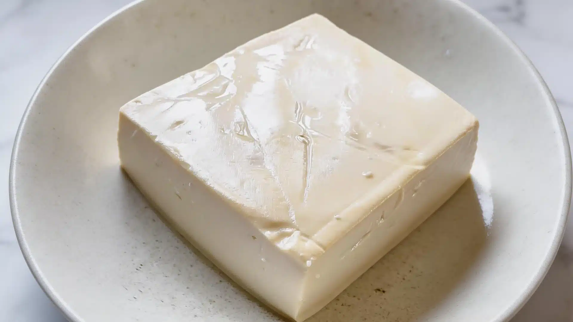High angle closeup shot of a block of silken tofu sitting in a white ceramic bowl on a light marbled counter surface