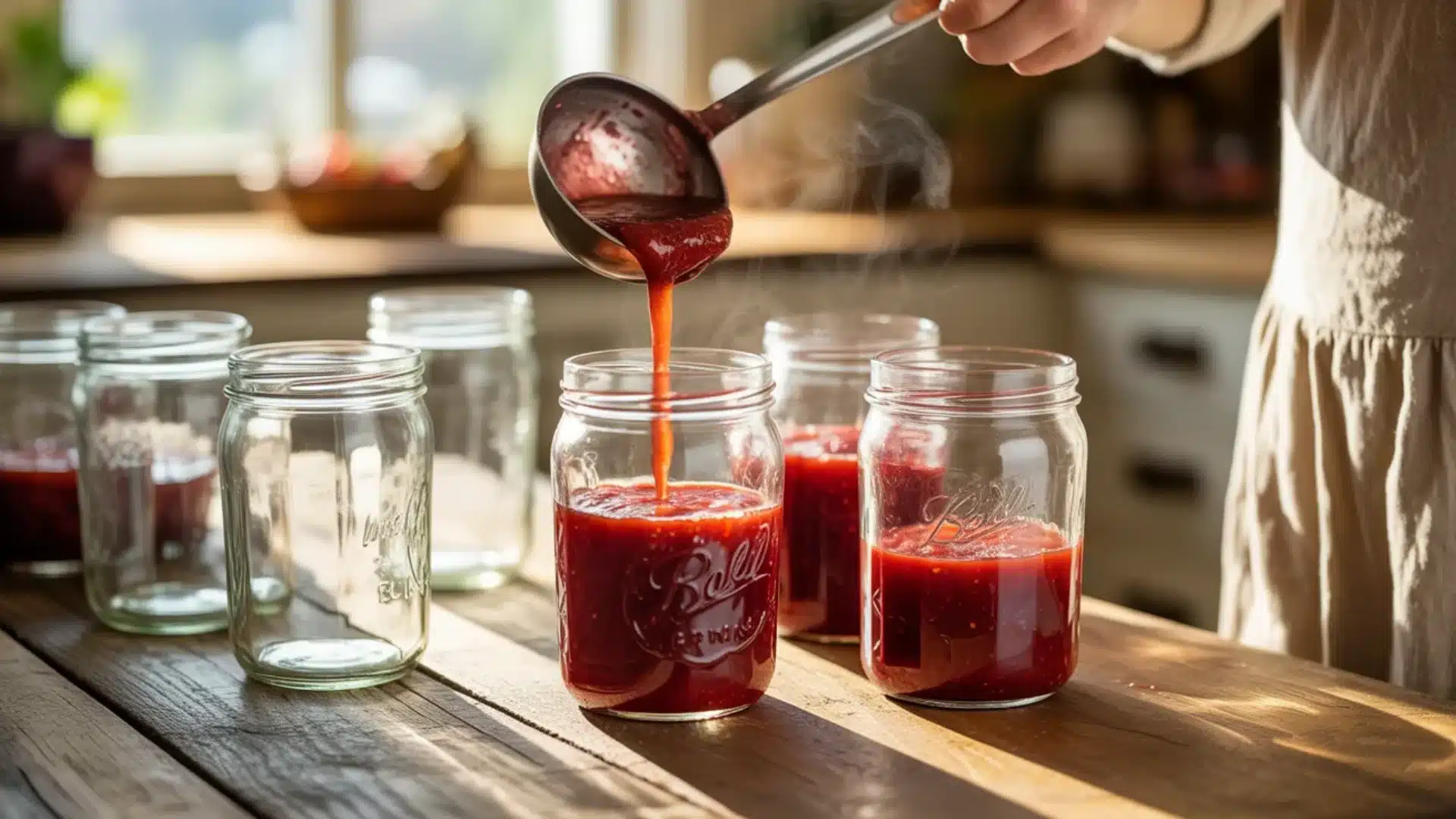 Hot strawberry jam poured into glass jars on wooden kitchen surface