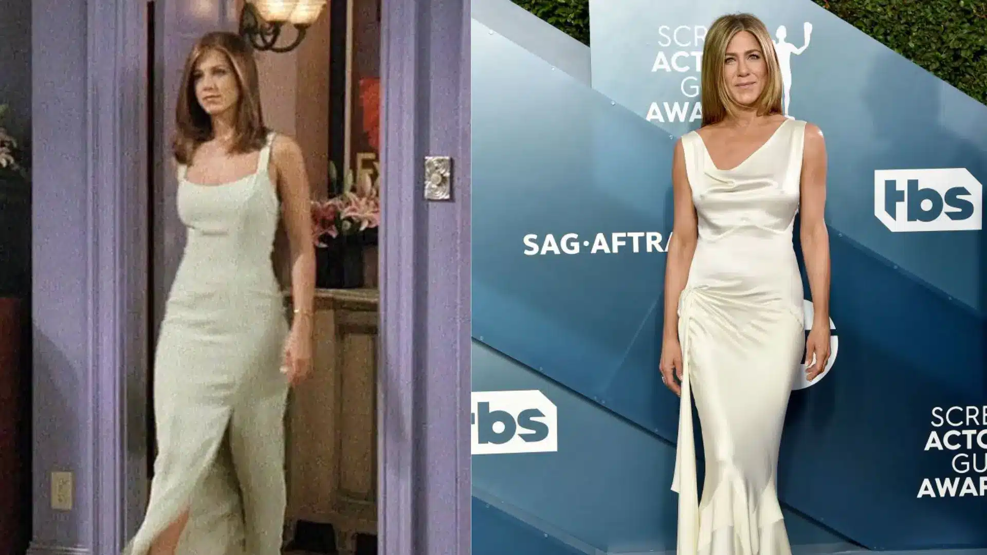 Jennifer Aniston wears a white satin floor length dress while standing on a gray carpet for the Screen Actors Guild Awards