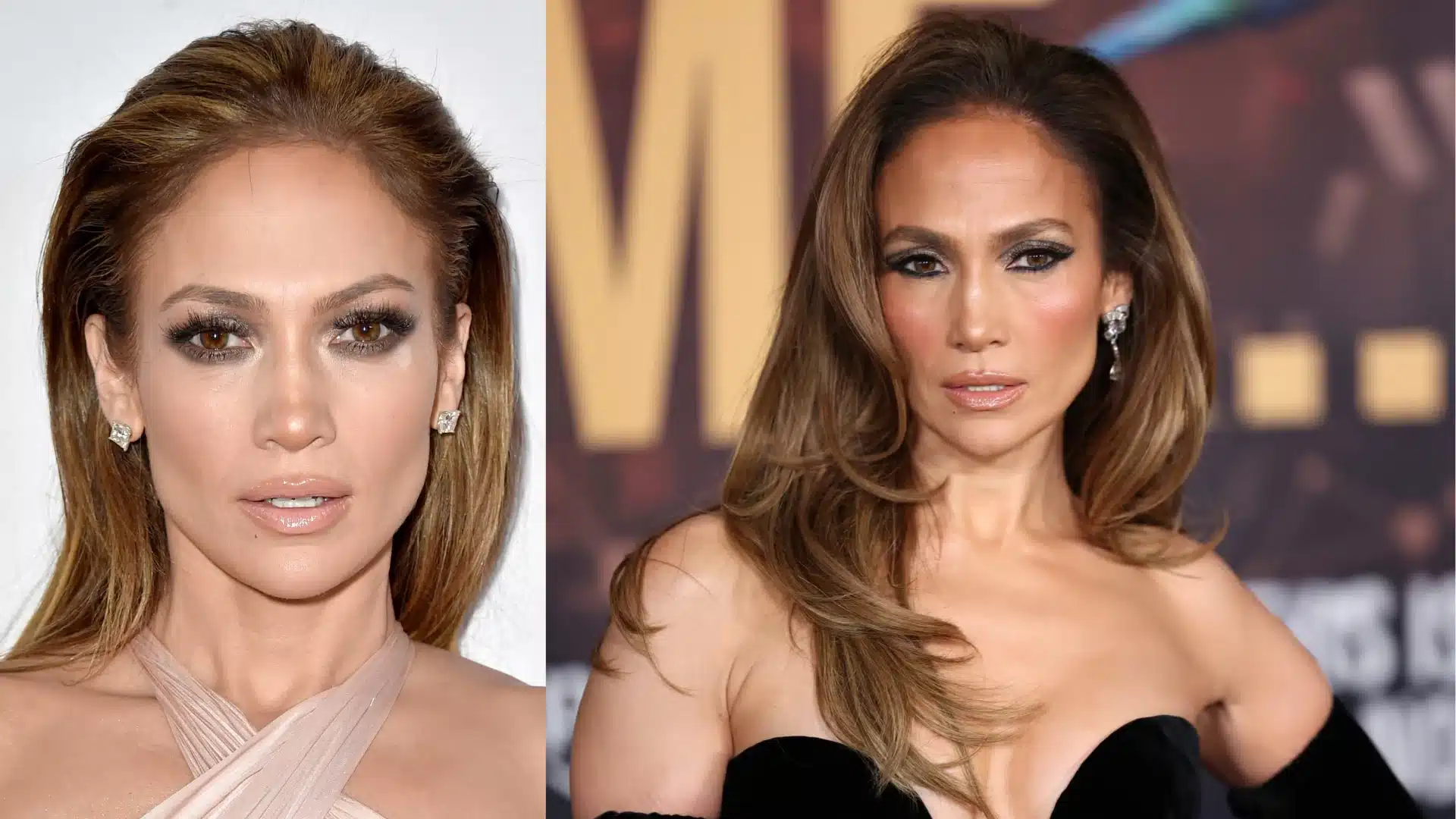 Jennifer Lopez in a light-colored halter dress and a black strapless gown with long black gloves