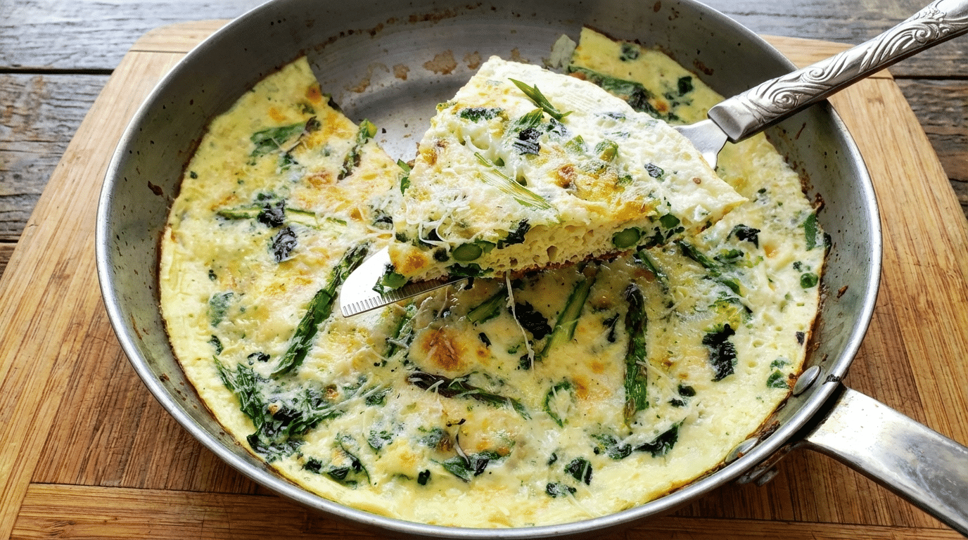 Overhead view of a fluffy frittata with spinach in a stainless steel pan, slice raised by a spatula