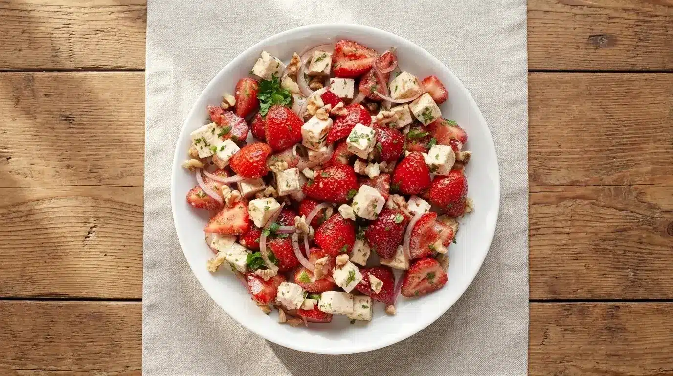 Overhead view of a white bowl filled with strawberry, feta cheese, red onion, and walnut salad resting on a light linen cloth next to a rustic wooden surface