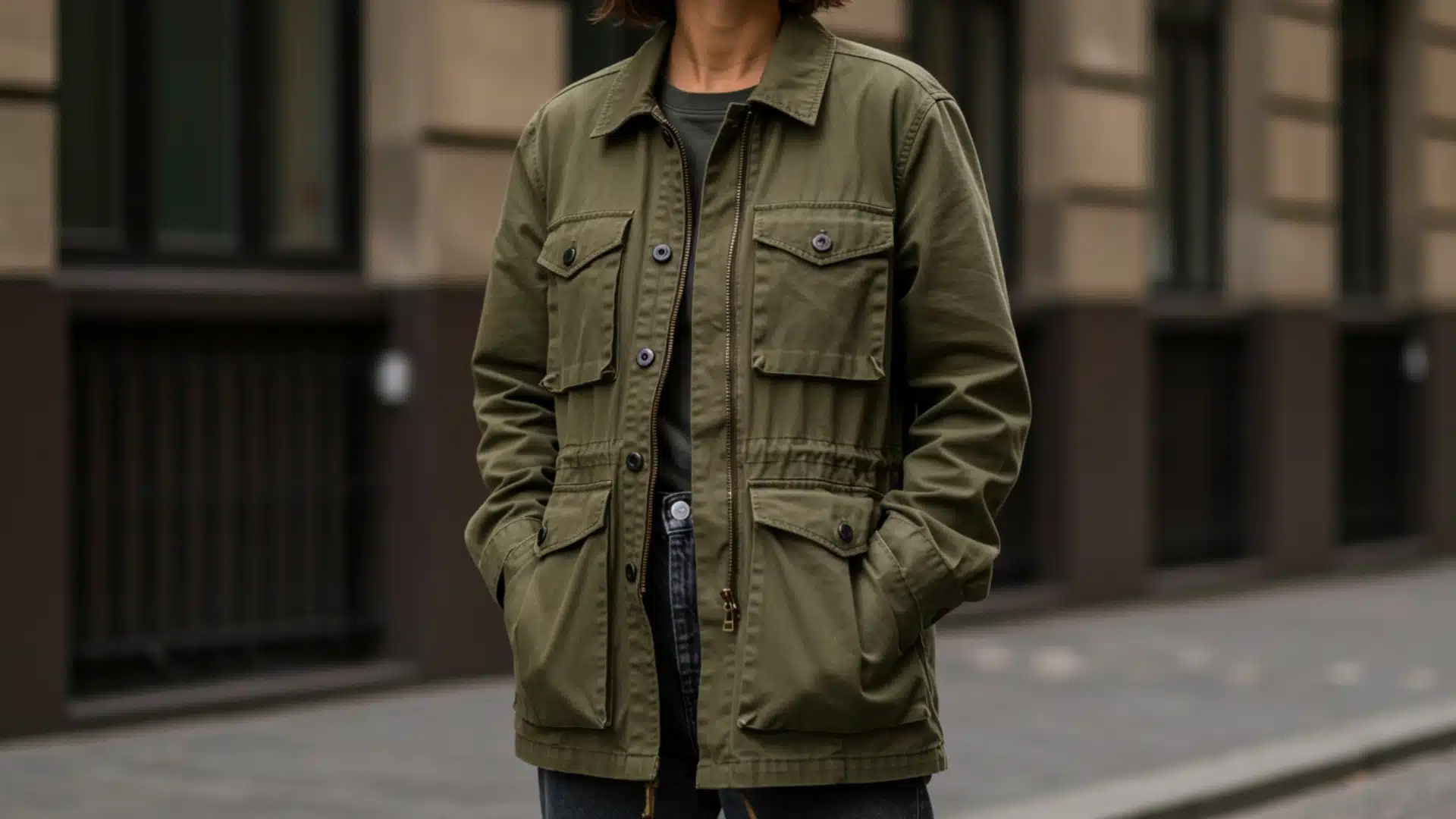 Person wearing an olive green field jacket with multiple pockets standing on a city sidewalk