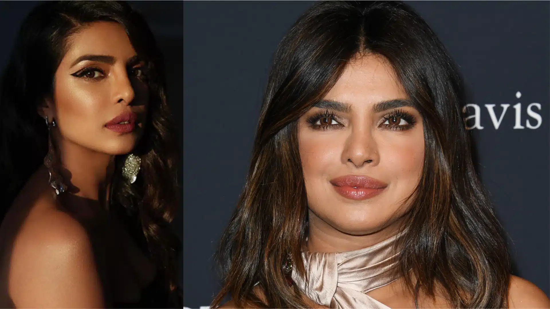 Priyanka Chopra in a dark, dramatic close-up on the left and a portrait on the right