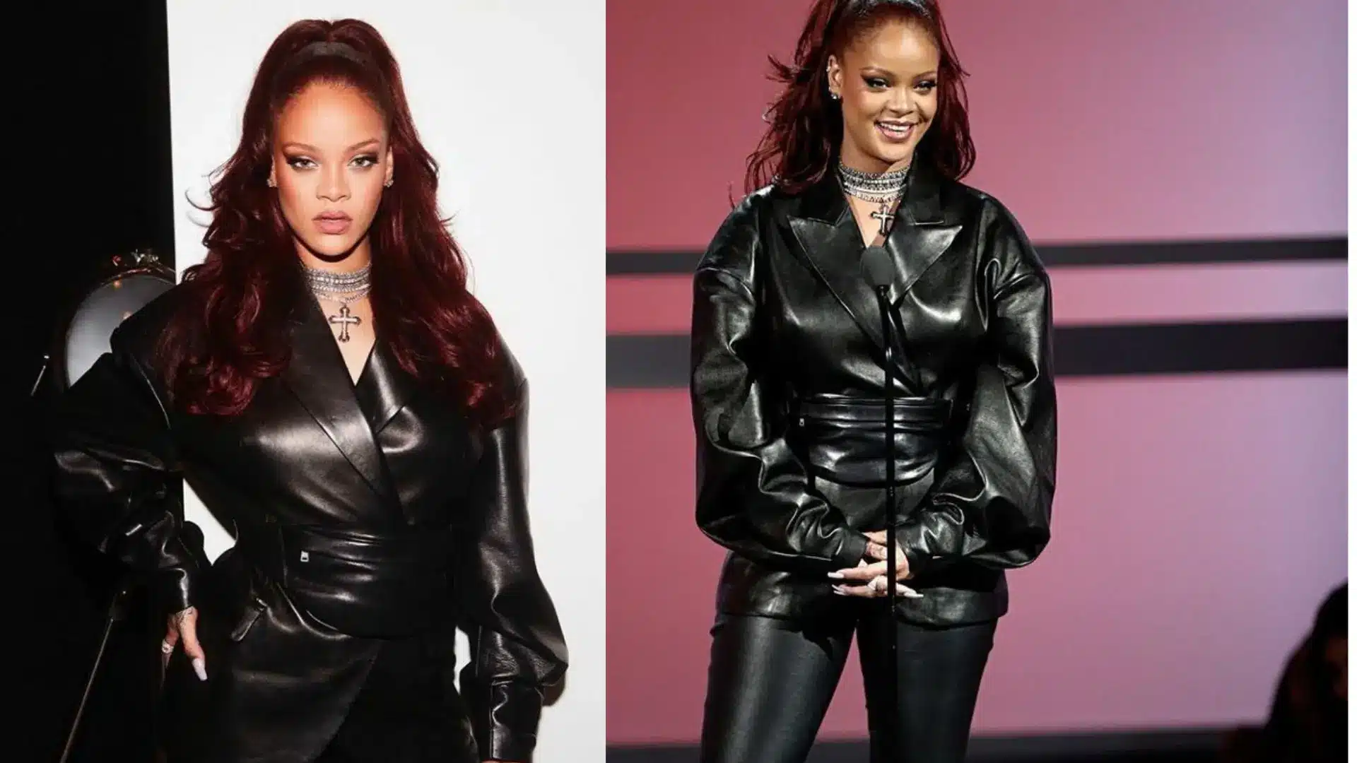 Rihanna with long red hair wears a black leather jacket and a silver cross necklace while posing against a white wall