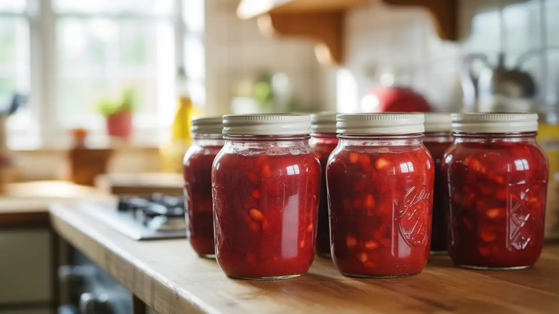 Sealed jars of strawberry jam cooling on counter in soft natural light
