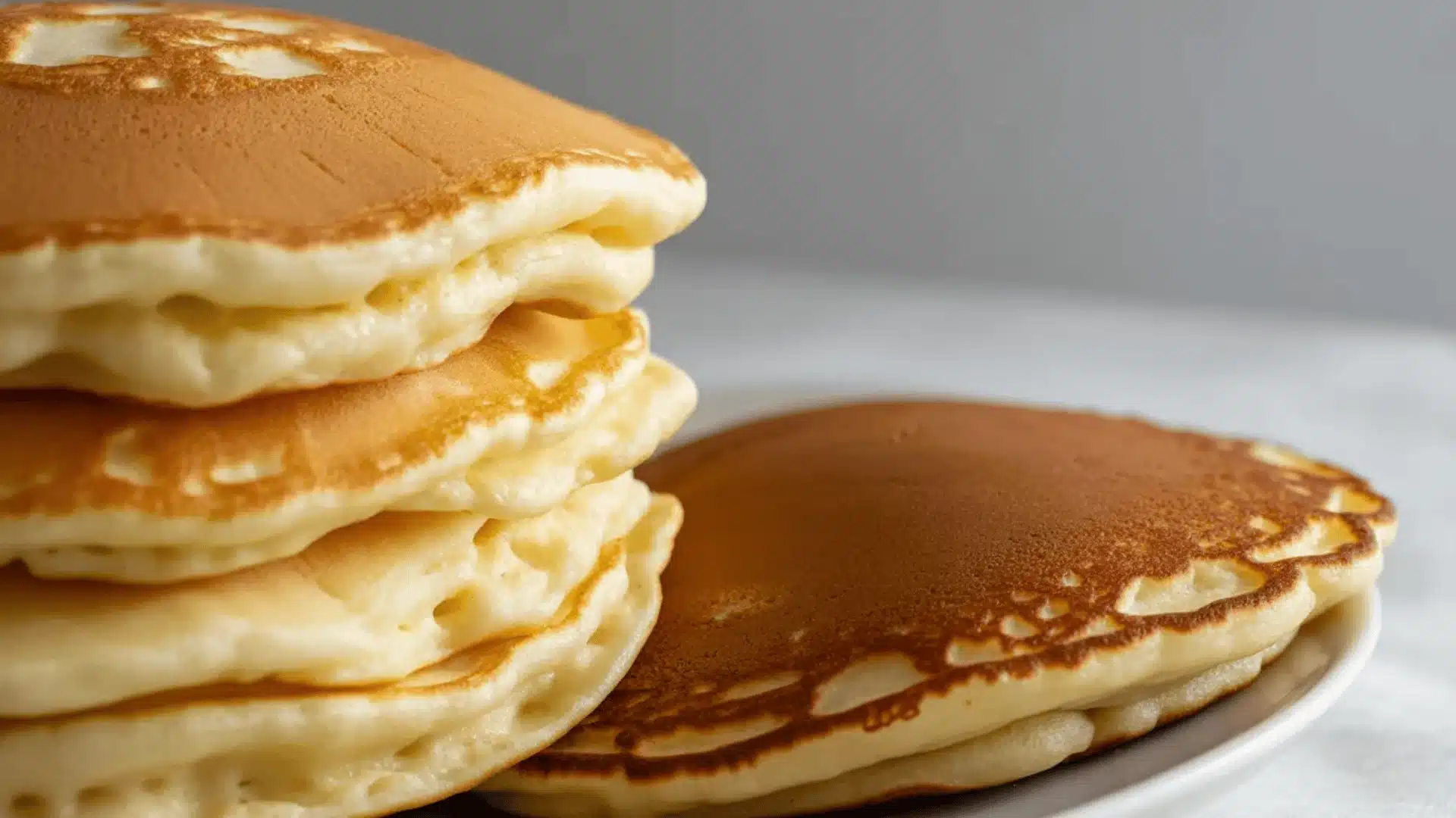 Stack of fluffy golden pancakes with soft airy layers, showing texture and lightly browned surface