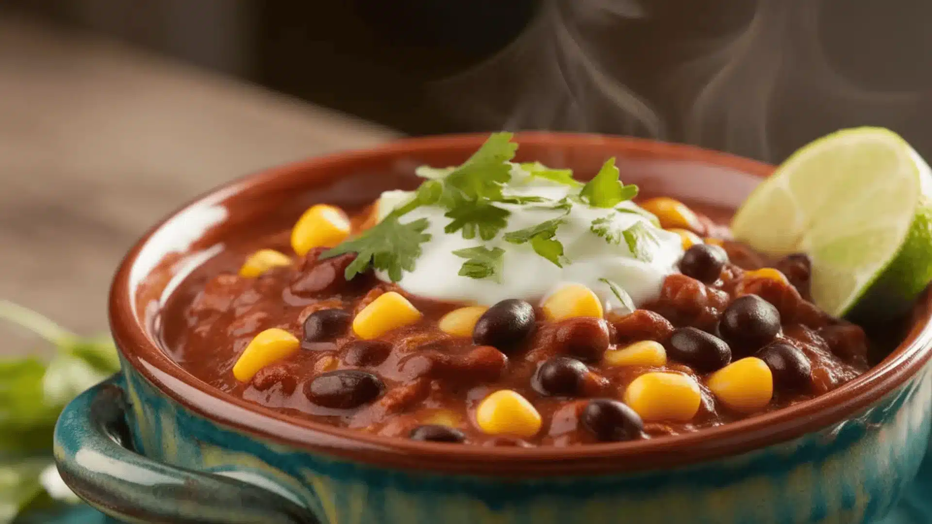 Steaming black bean and corn chili topped with yogurt, coriander, and lime in a rustic bowl close-up