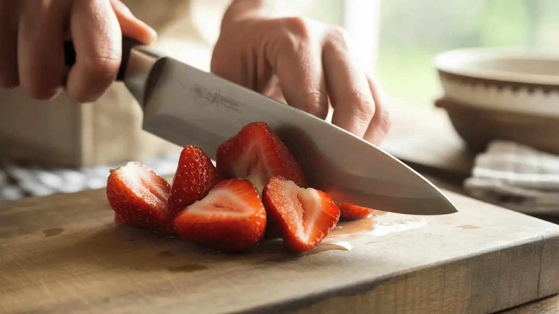Strawberries being sliced on wooden board with knife in natural kitchen light