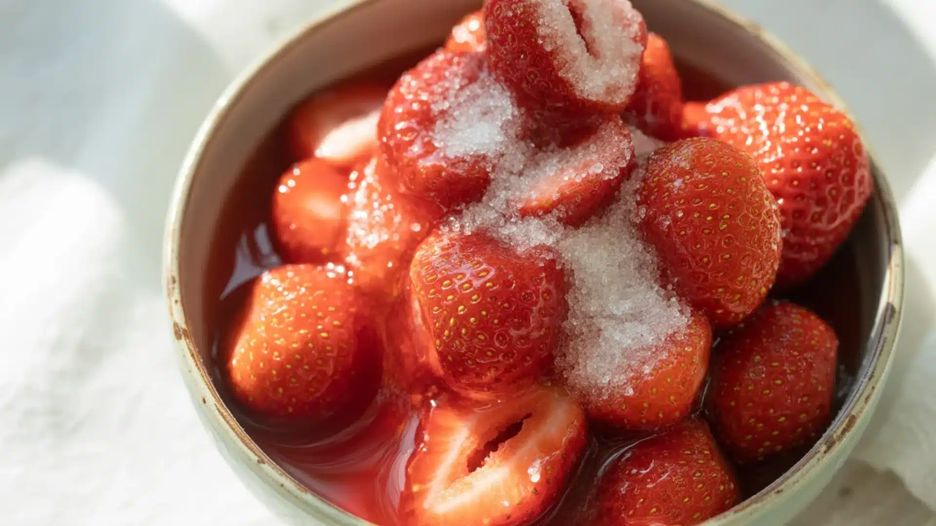 Strawberries mixed with sugar releasing juices in bowl, glossy texture forming