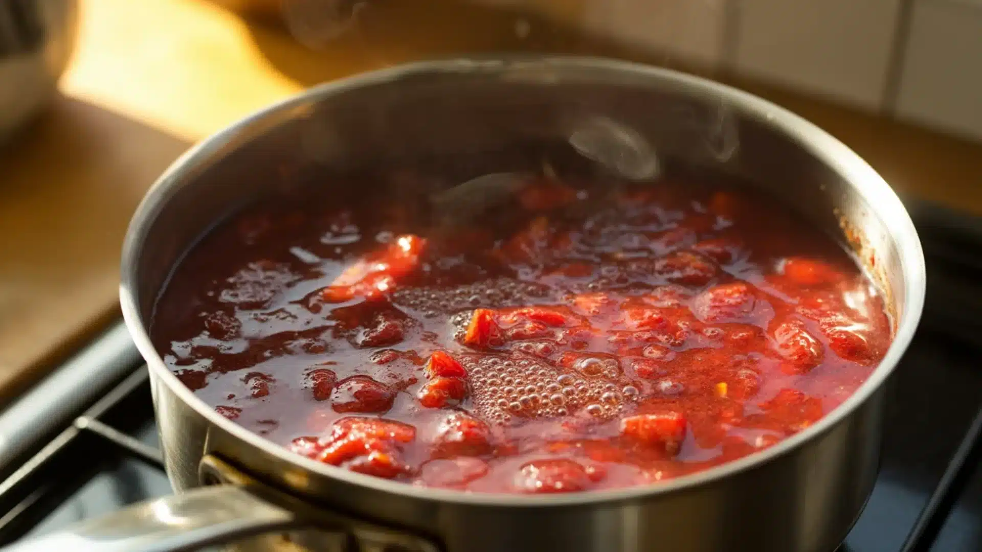 Strawberry jam bubbling in pan with rich red color and steam rising
