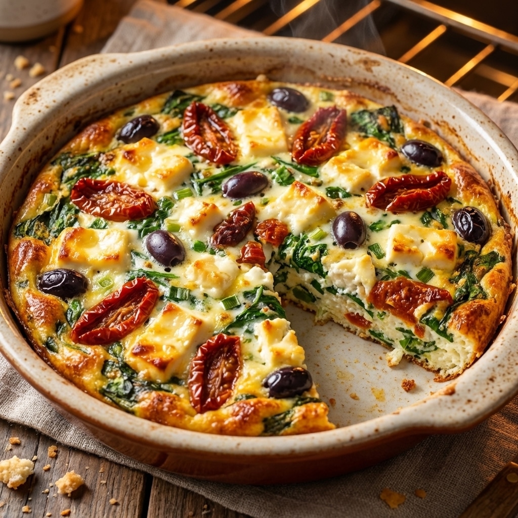 Sun-dried tomatoes and cheese egg white frittata displayed in a baking dish