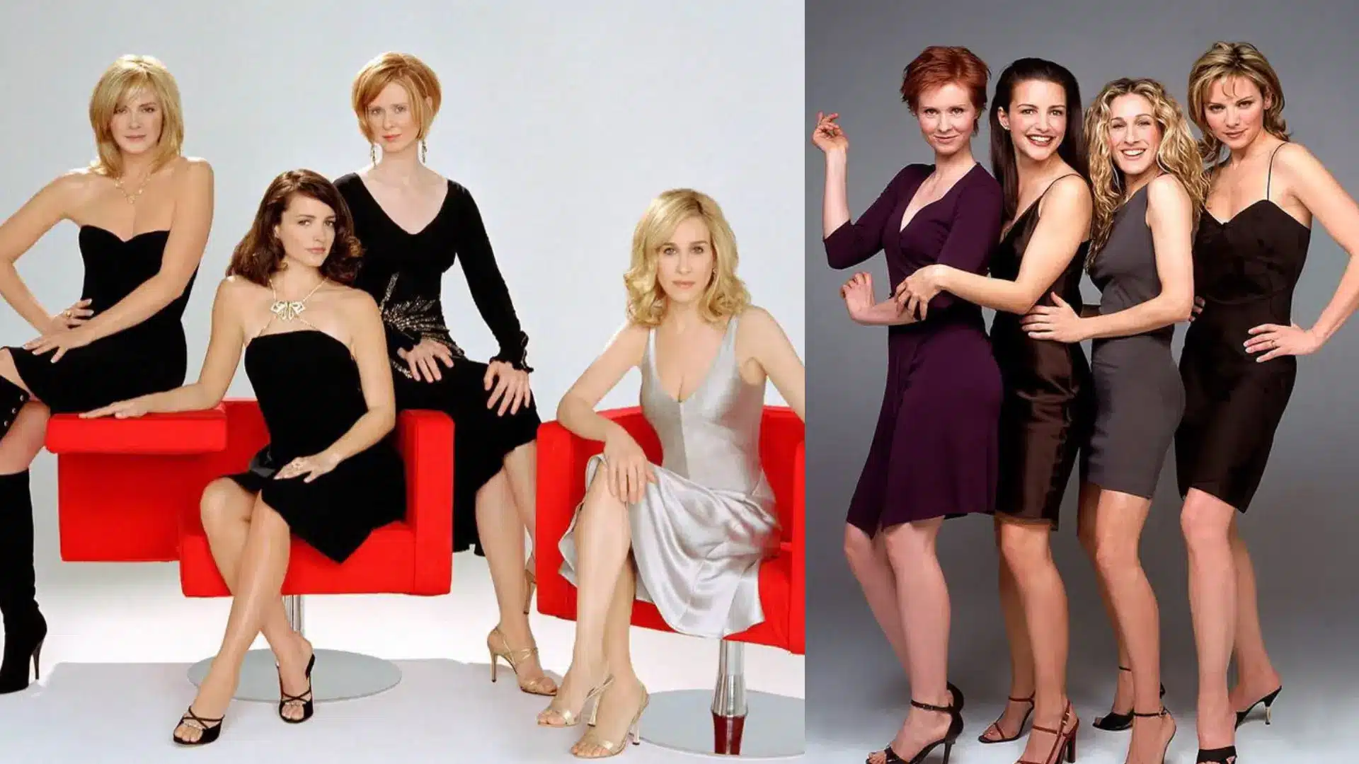 The four lead actresses from Sex and the City wear dark dresses and high heels while posing together against a gray wall