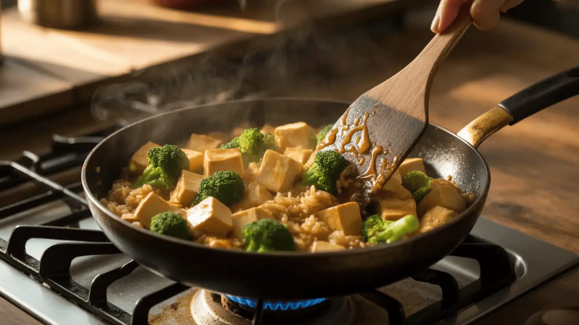 _Tofu and broccoli stir-fry cooking in a pan, wooden spatula stirring rice over a gas flame