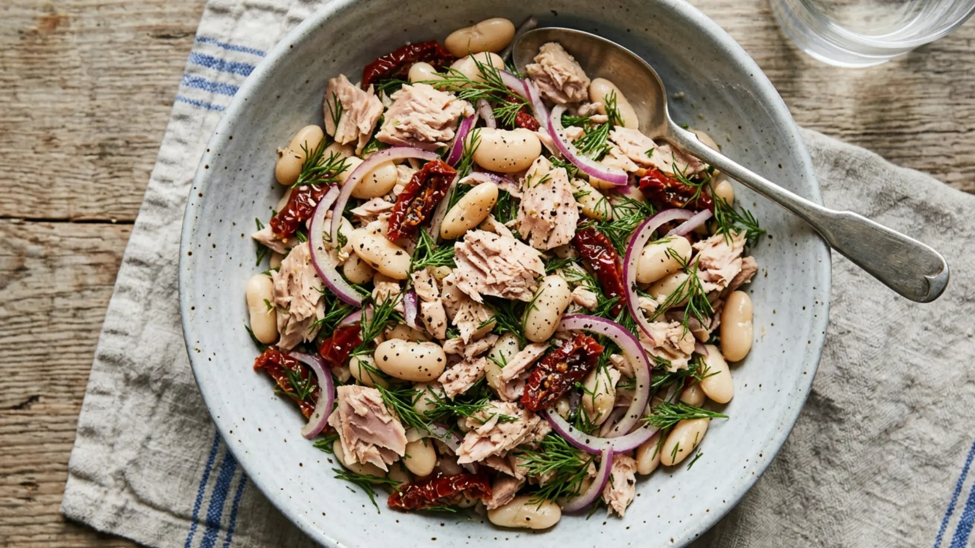 Tuna and white bean salad with sun-dried tomatoes, red onion, and dill served in a speckled bowl on a wooden surface