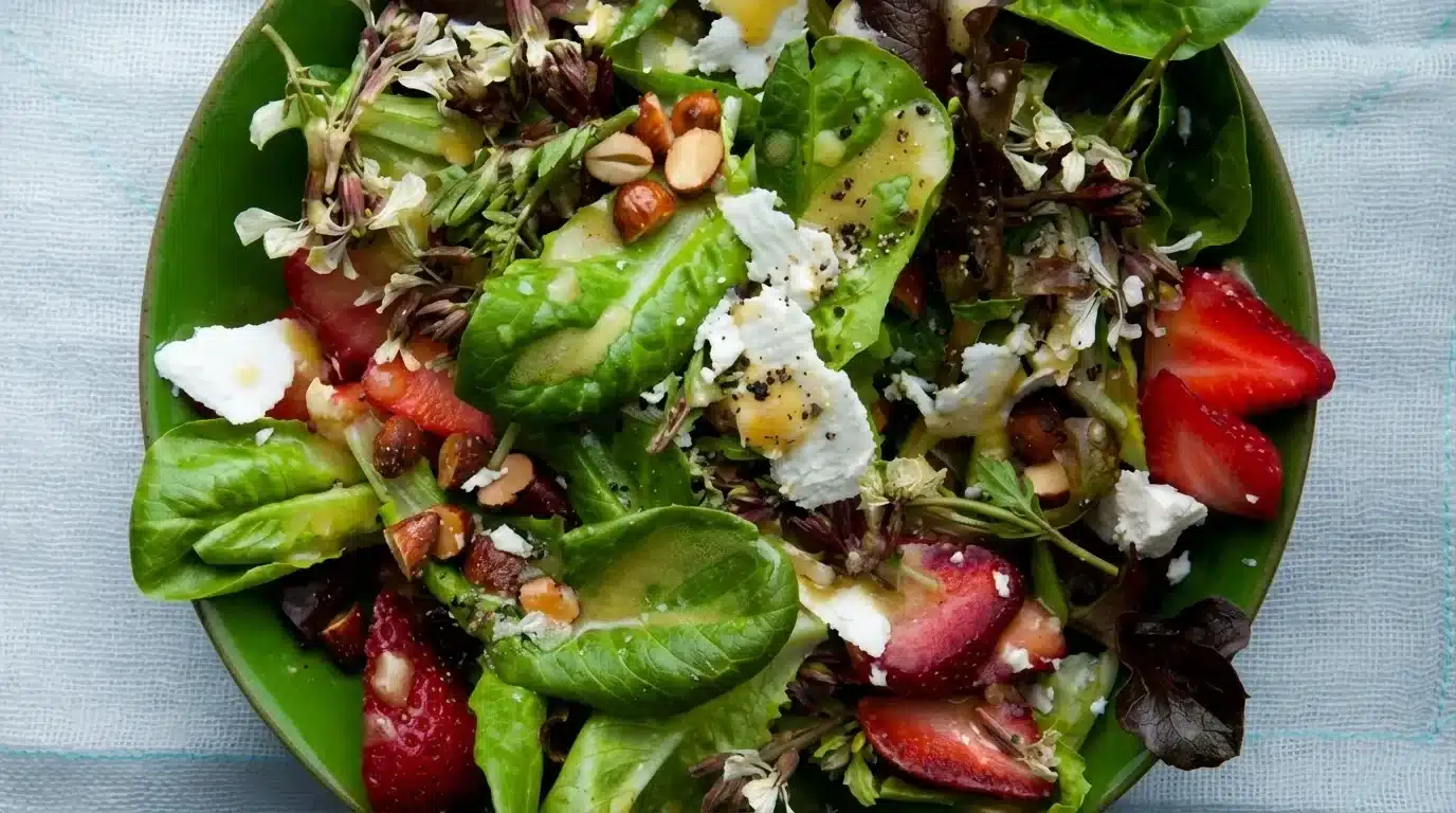 Vibrant mixed greens salad with sliced strawberries, crumbled white cheese, nuts, and vinaigrette served in a bright green bowl resting on a light blue textured cloth
