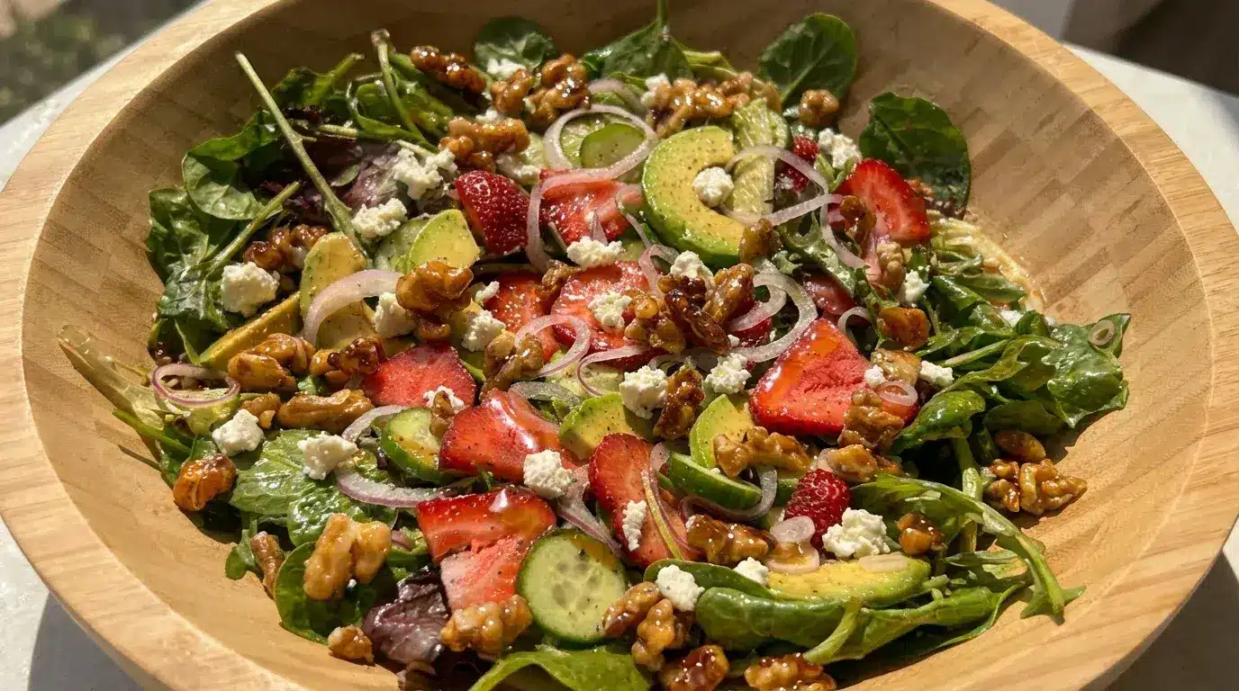 Vibrant spinach salad with sliced strawberries, avocado, candied walnuts, feta cheese, and red onion served in a light wooden bowl