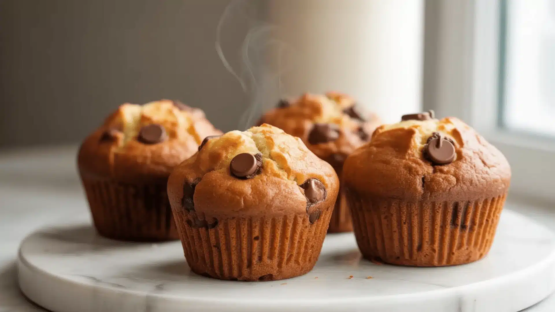 Warm chocolate chip muffins on marble plate with steam rising in soft window light