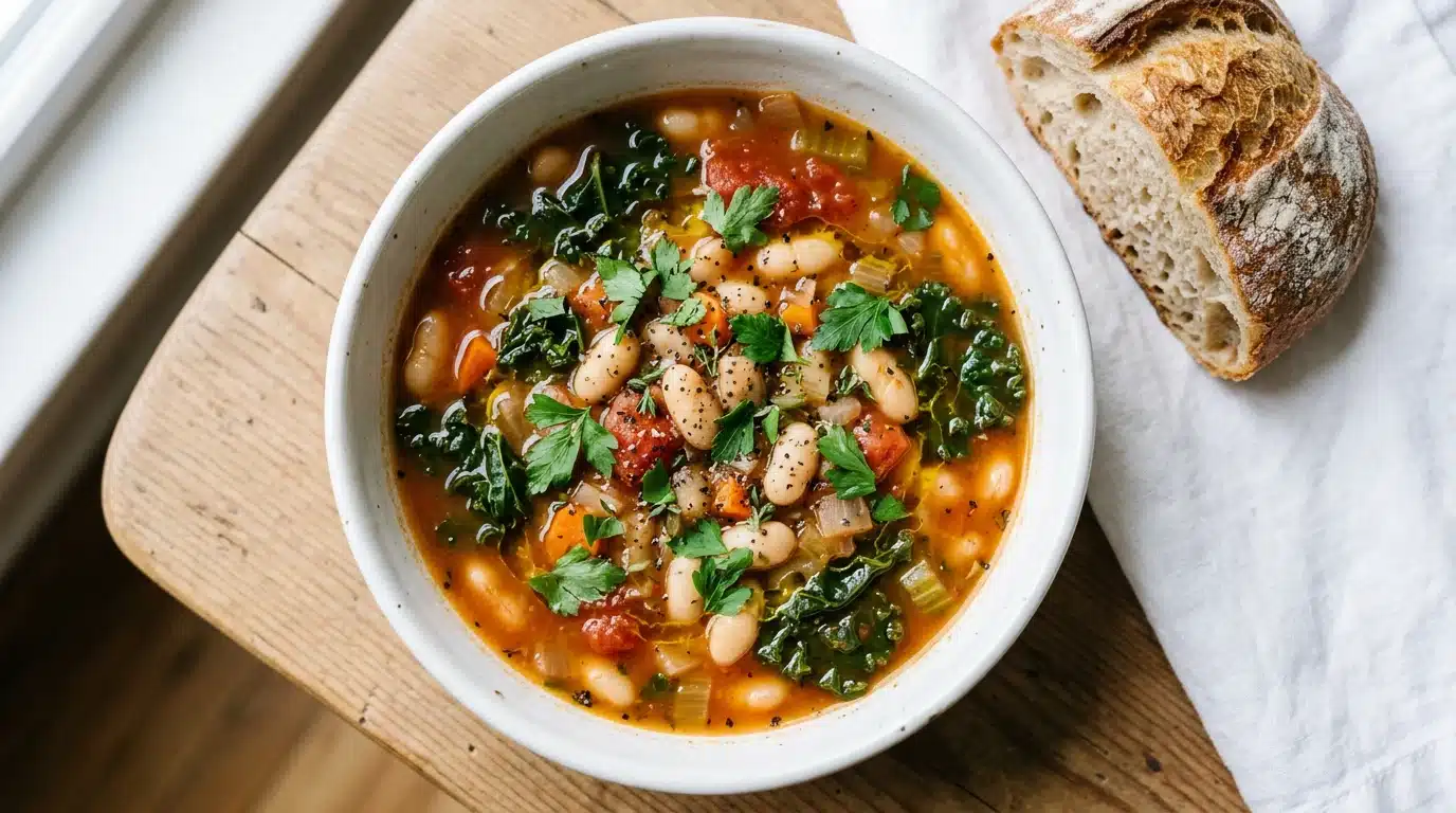 White bean and kale soup with fresh parsley, served in a white bowl next to a slice of crusty bread on a wooden table