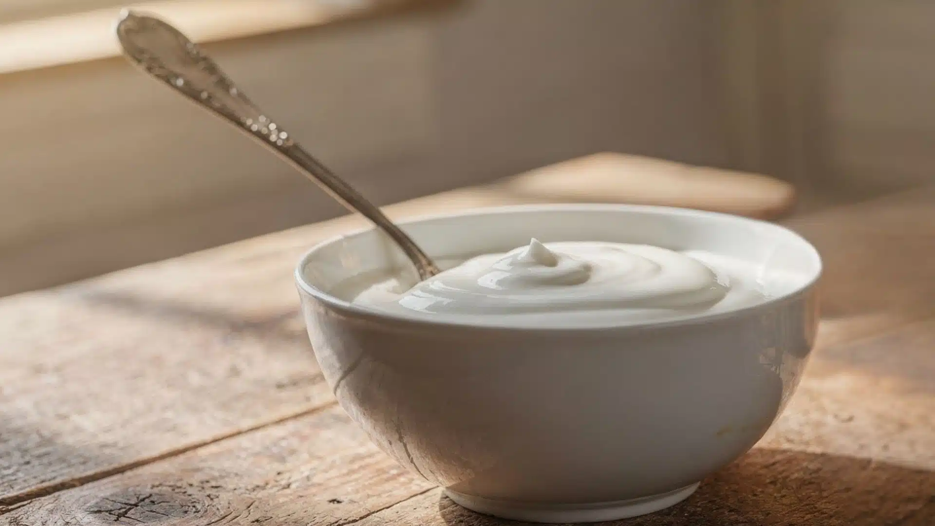 White bowl of thick yogurt with a spoon next to a glass bowl of yellow batter and whisks on a sunlit rustic wooden table