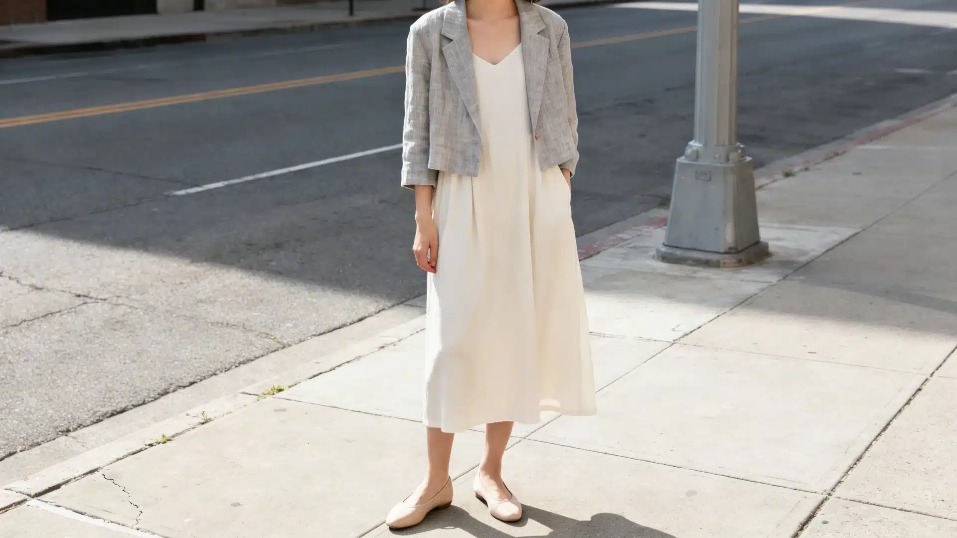 Woman in a white midi dress and grey cropped blazer stands on a sunlit city sidewalk next to a street