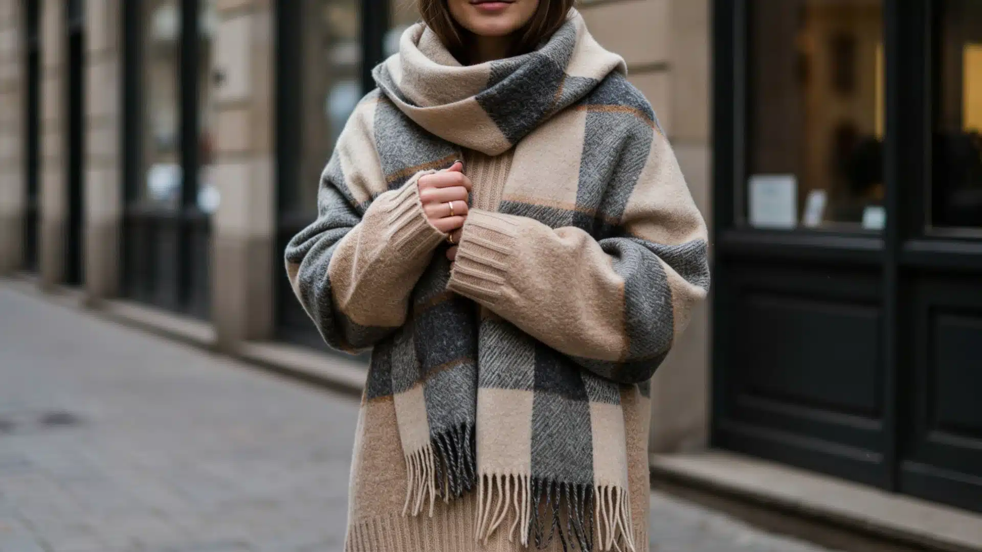 Woman wearing an oversized beige sweater and a large, fringed, plaid scarf in beige, grey, and brown tones while standing on a city street