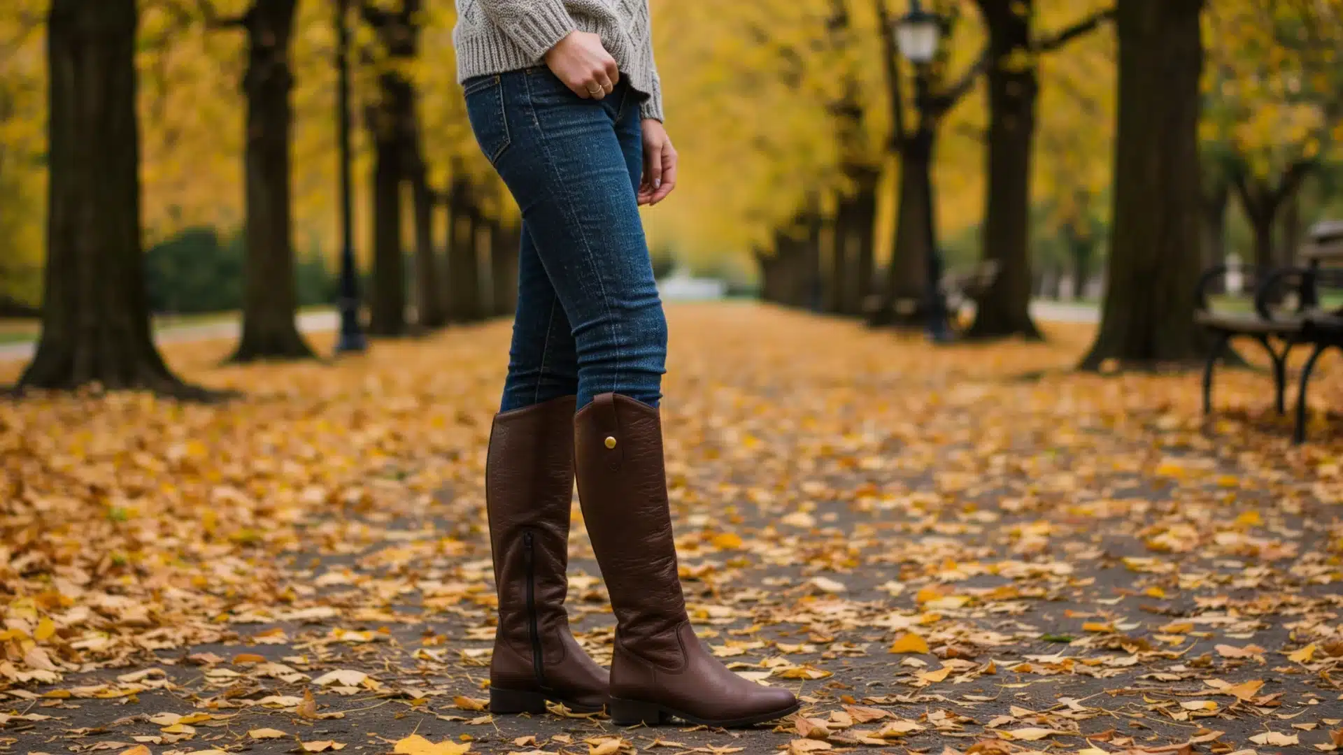 Woman wearing skinny jeans and tall brown leather boots standing on a path covered in yellow autumn leaves under a canopy of trees (2)