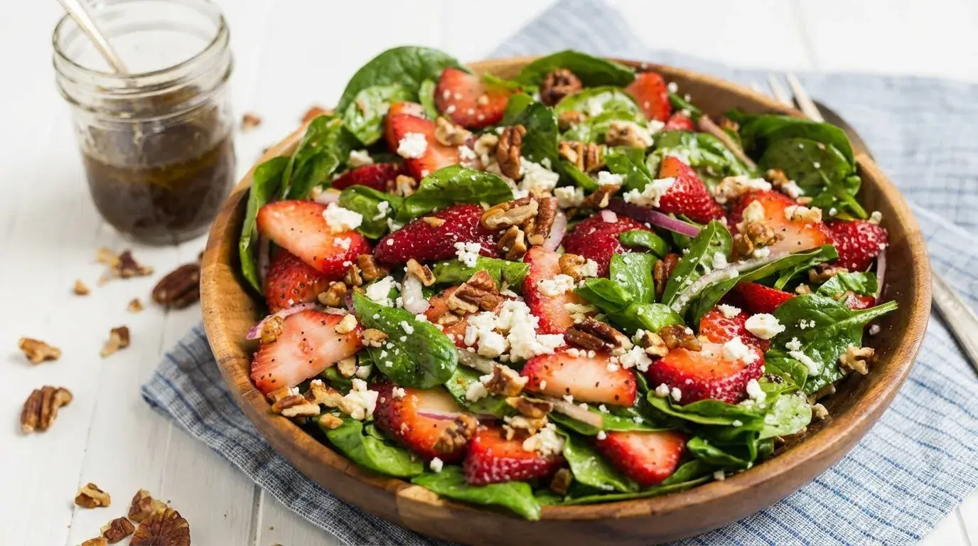 Wooden bowl filled with fresh spinach salad topped with sliced strawberries, crumbled feta cheese, and chopped pecans, with a jar of vinaigrette nearby