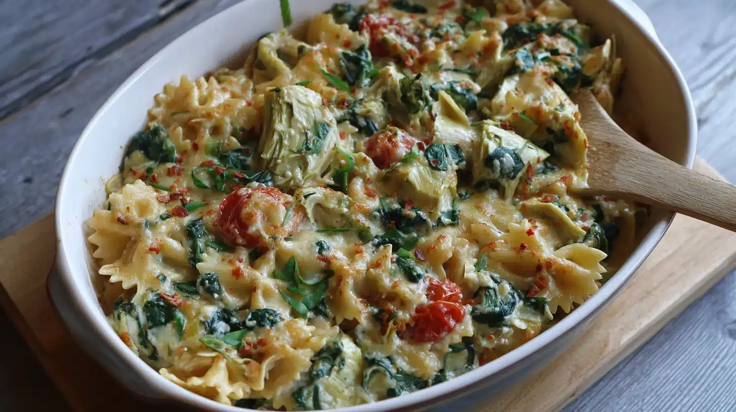 A baked casserole featuring pasta, sautéed spinach, and a layer of gooey cheese on top
