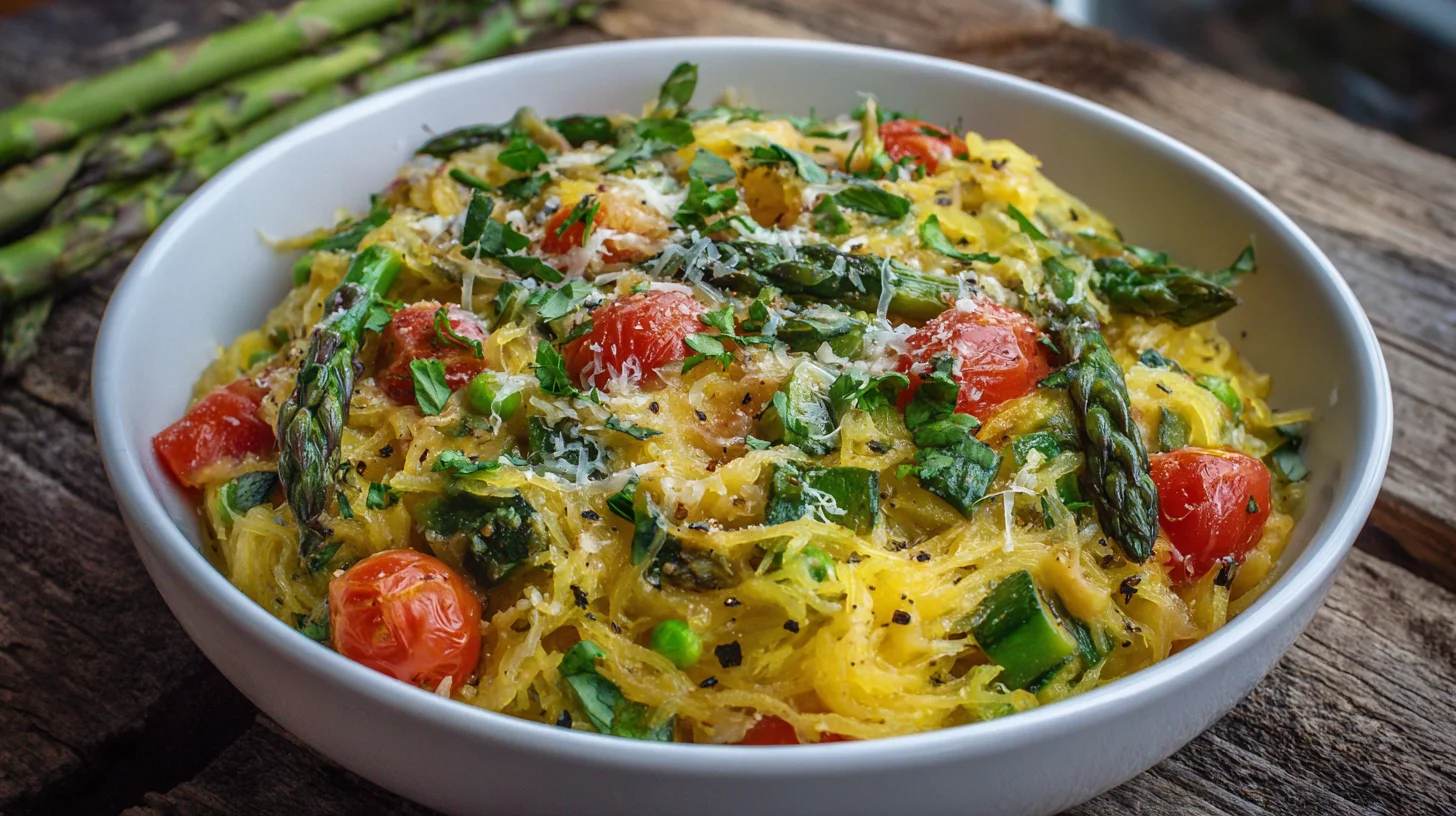 A bowl filled with pasta, garnished with green asparagus and red tomatoes, creating a visually appealing meal