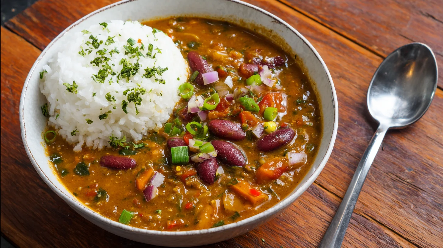 A bowl filled with red beans and rice, with a spoon placed next to it, a comforting, complete meal