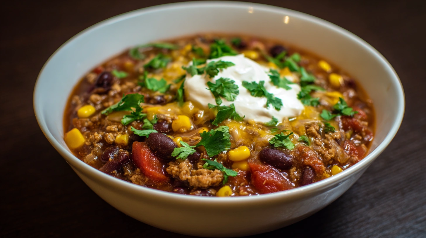 A bowl of chili con carne, featuring ground meat, beans, and spices, garnished with cilantro