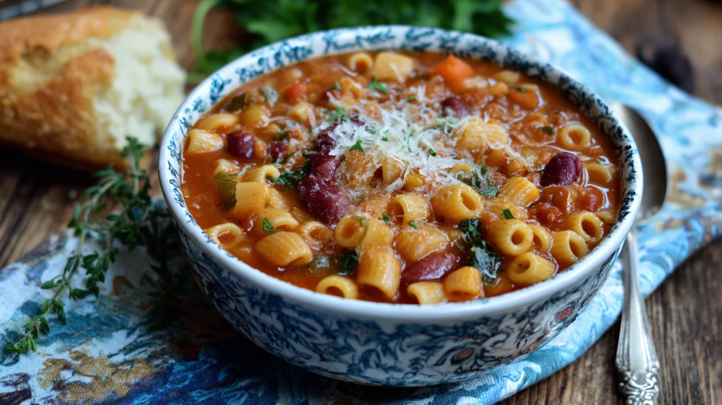 A bowl of pasta and bean soup with a silver spoon resting beside it on a wooden table