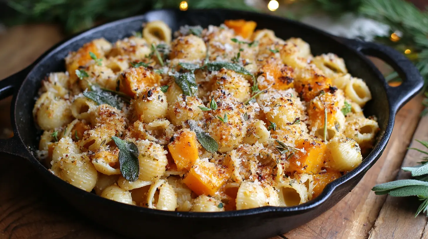 A bowl of pasta topped with roasted butternut squash and fresh sage leaves