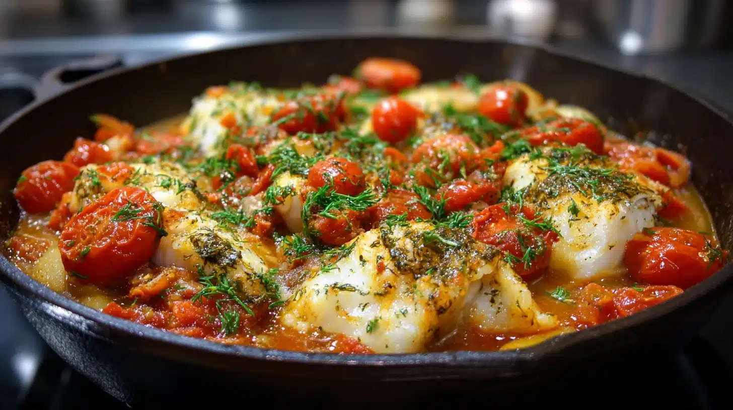 A pan filled with fish topped with fresh tomatoes, ready for cooking