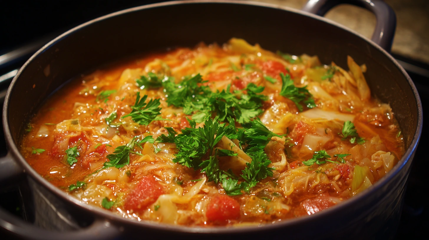 A pot of stew filled with vegetables and fresh herbs, simmering on a stove