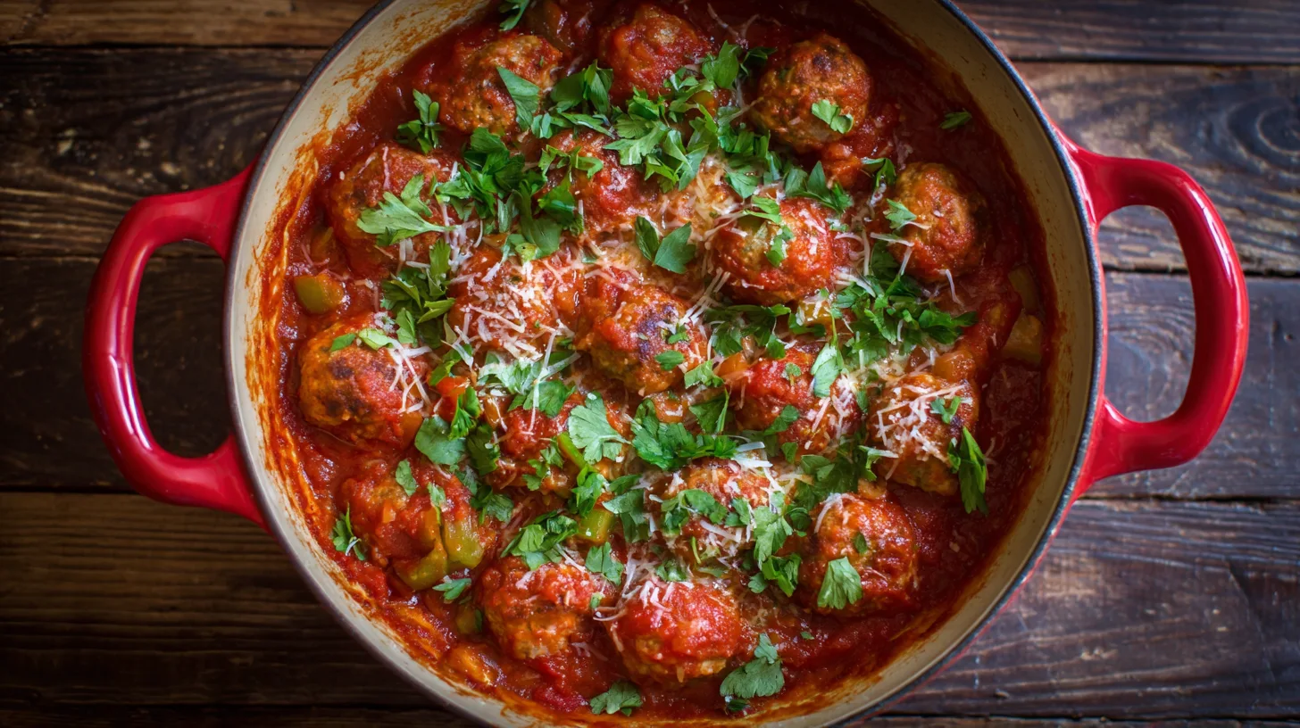 A red pot filled with meatballs covered in rich tomato sauce, placed on a wooden surface