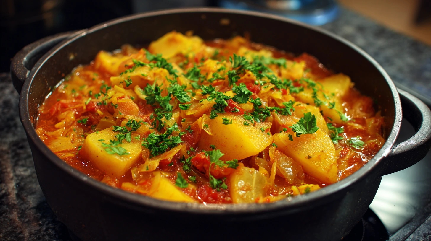 A rich pot of stew containing chunks of potatoes and carrots, bubbling with flavor and heat
