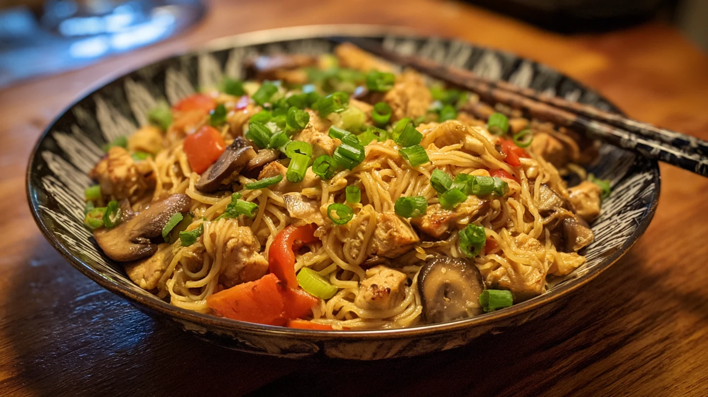A serving of noodles mixed with fresh vegetables and mushrooms, in a bowl