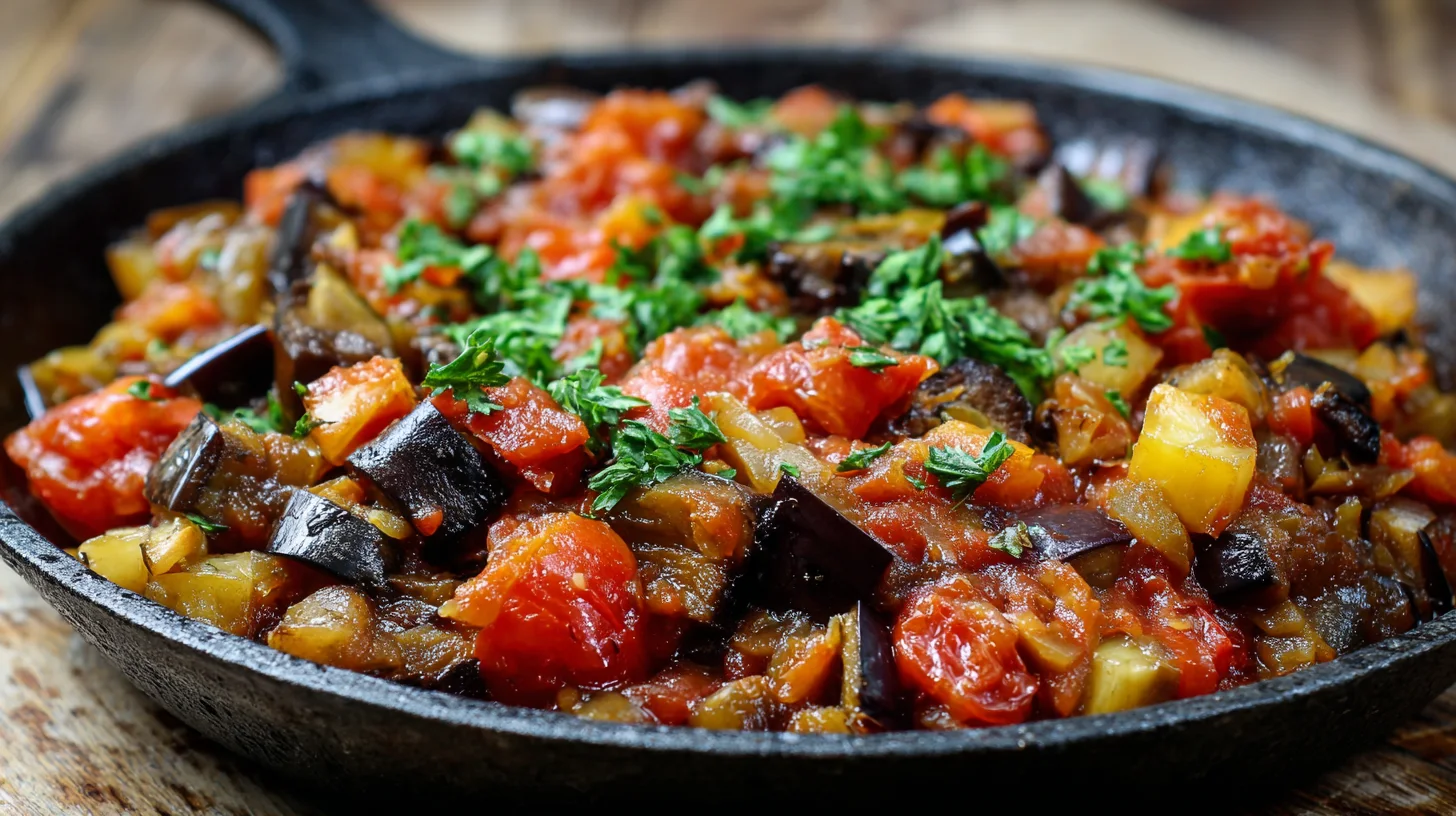 A skillet filled with sautéed eggplant and tomatoes, showcasing a delicious mix of vegetables