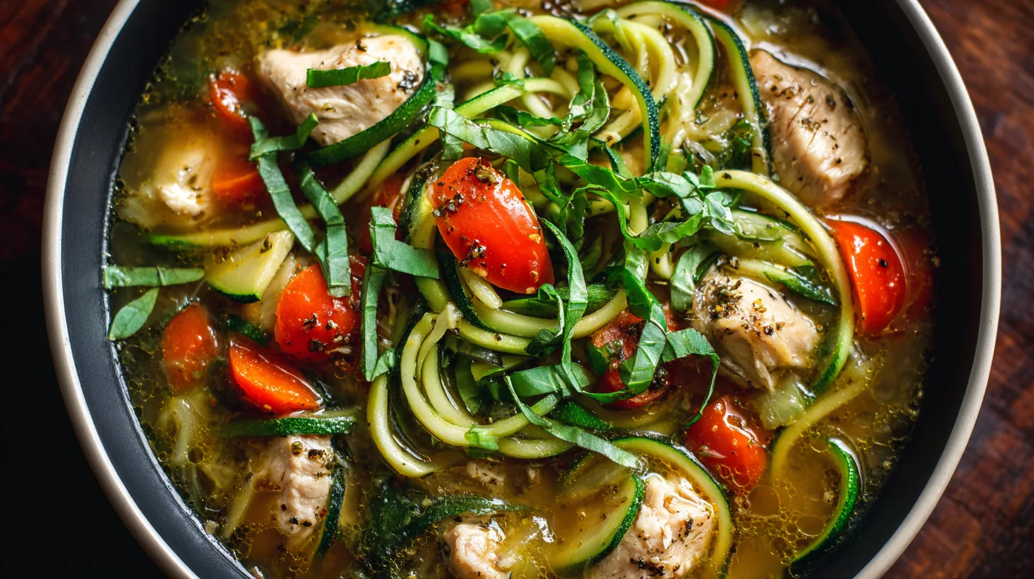 A steaming bowl of chicken and zucchini soup with fresh tomatoes, perfect for a comforting dish