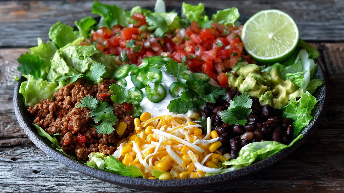 A taco salad bowl with seasoned beef, black beans, shredded cheese, corn, sour cream with jalapeños, avocado, and a lime wedge on a lettuce leaf