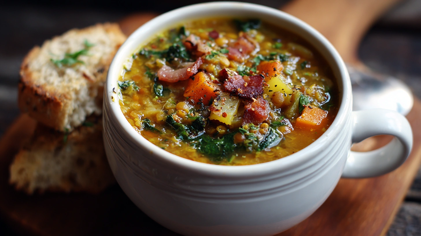 A white mug filled with lentil soup topped with bacon, kale, and vegetables sits next to slices of toasted bread on a wooden surface