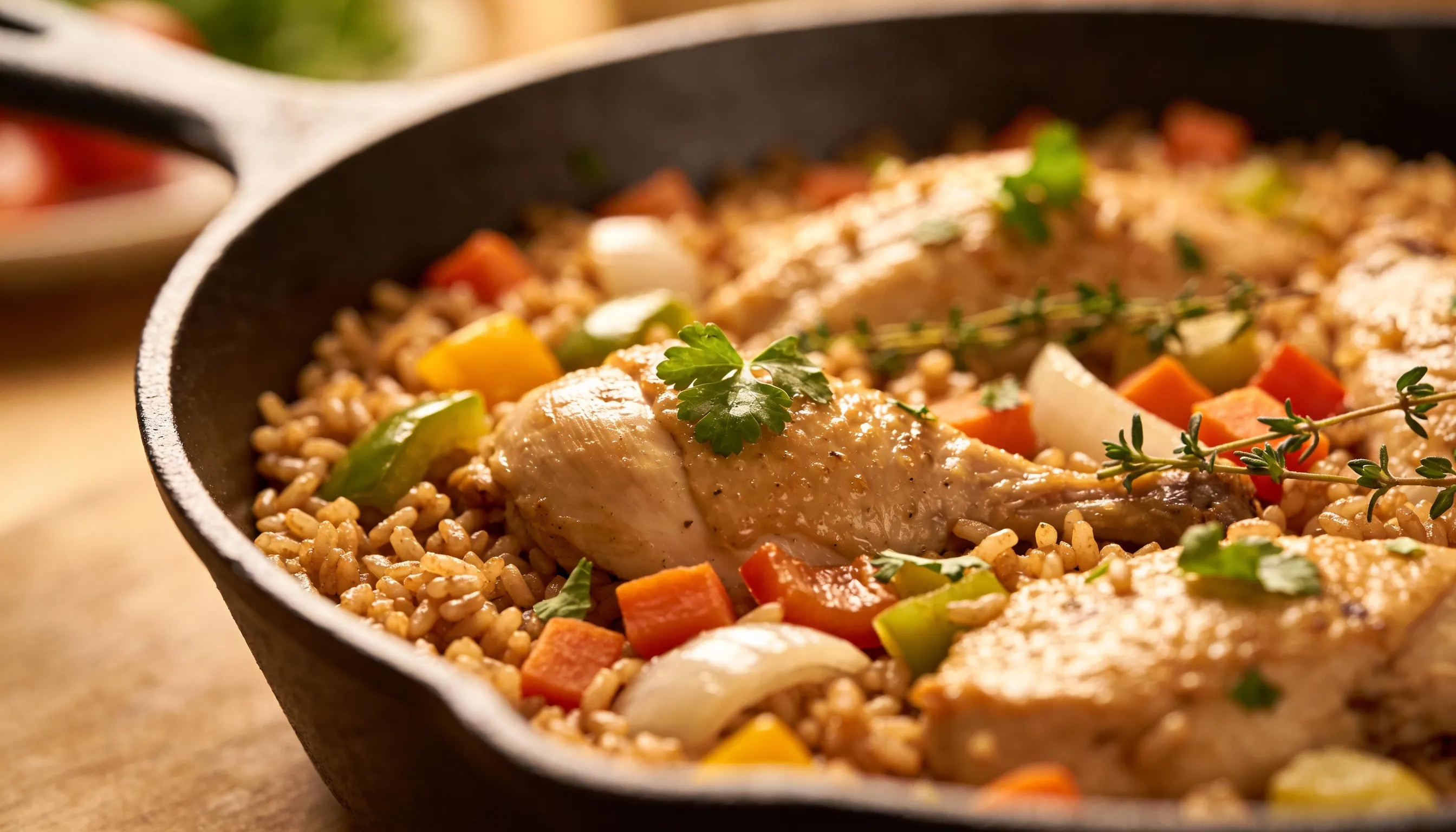 Brown rice pilaf with roasted chicken pieces and vegetables garnished with fresh parsley and thyme, served in a dark cast-iron skillet