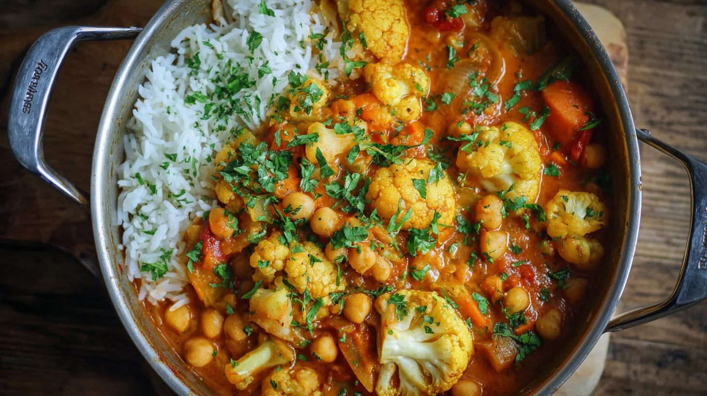 Cauliflower and chickpea curry served with white rice in a metal cooking pot on a wooden surface