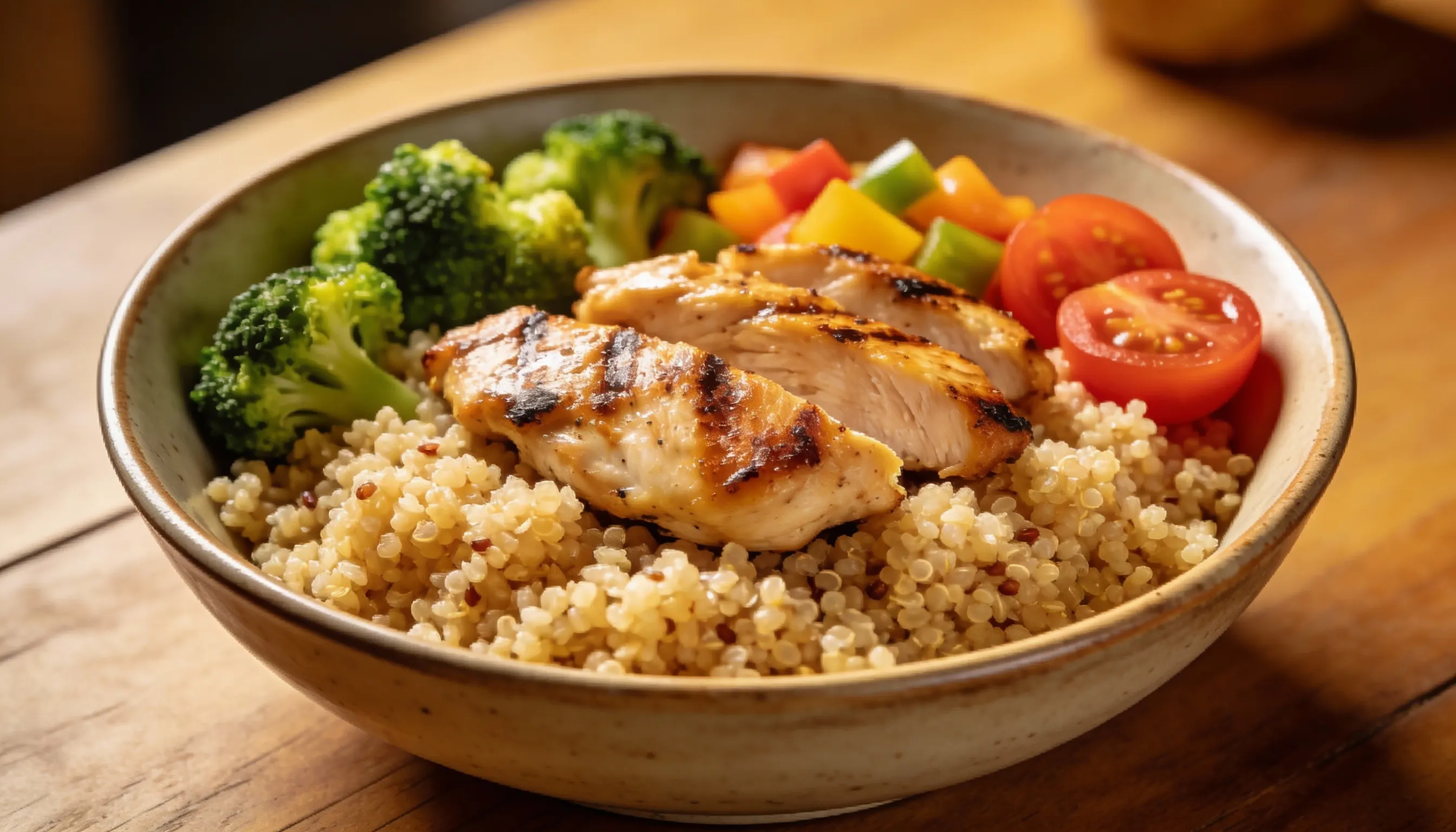 Close-up of a healthy bowl containing grilled chicken slices over quinoa topped with broccoli florets, bell peppers, and cherry tomatoes